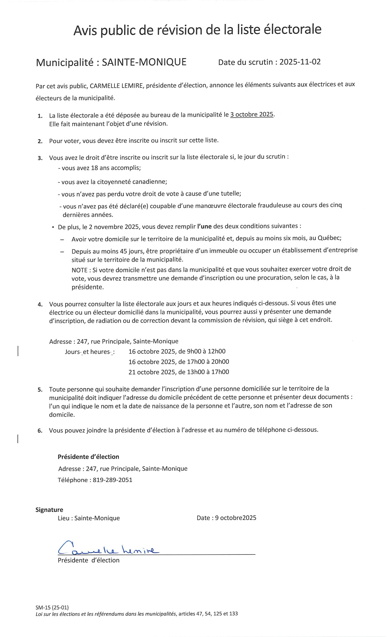 Avis public de révision liste électorale 2025